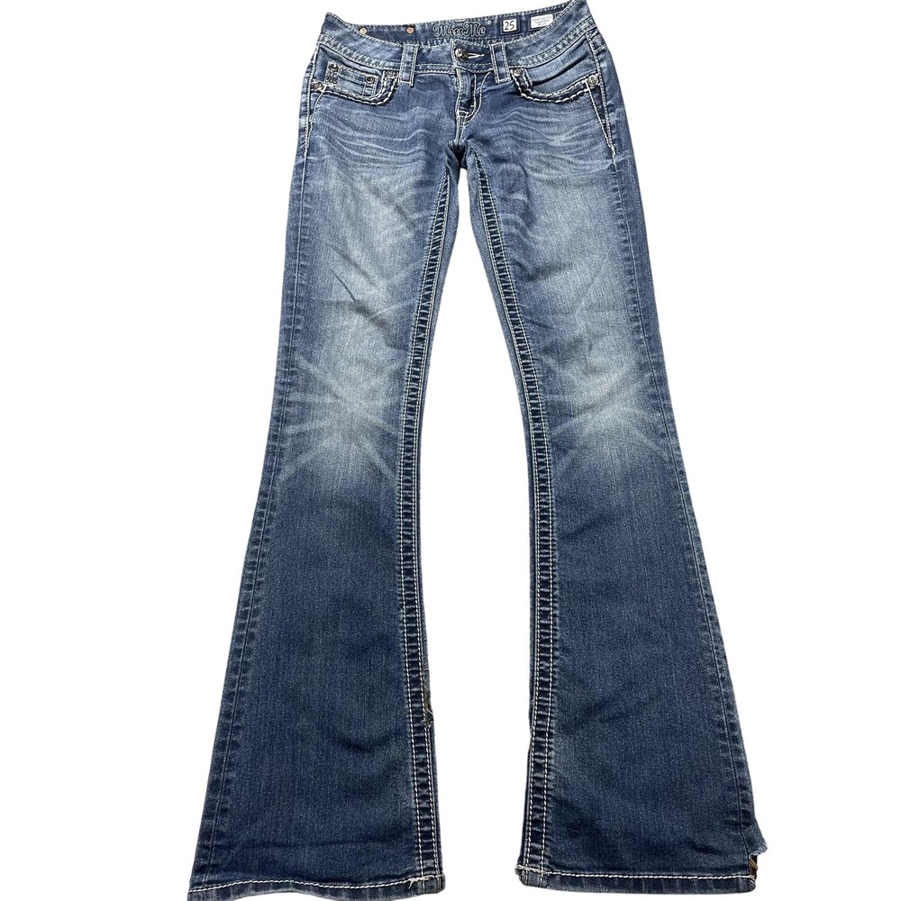 Miss Me Bootcut Jeans Womens 25 Blue Med Wash Low Rise Distressed Stretch 28x33